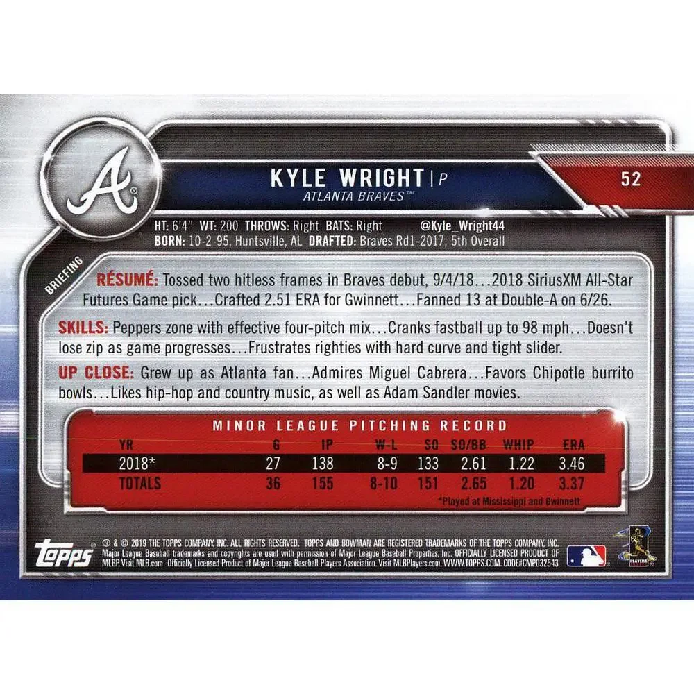2019 Bowman Kyle Wright RC #52 Atlanta Braves